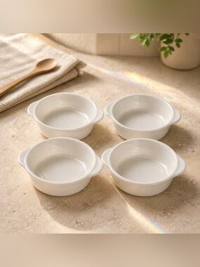Set of 4 Swirl White Fire King Oven Ware Individual Casseroles Anchor Hocking
